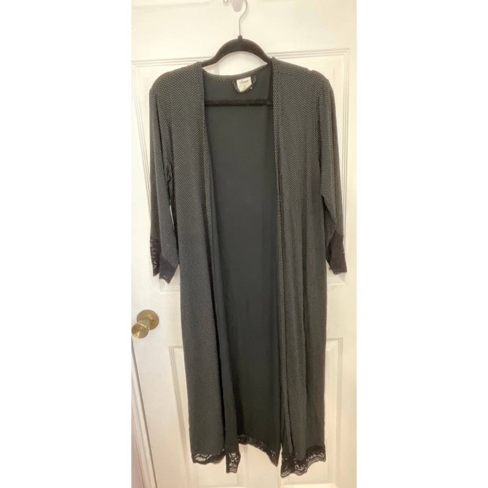 Soma Long Duster Cardigan Women's Small Black Polka Dots Lace Hem Casual‎ Preppy